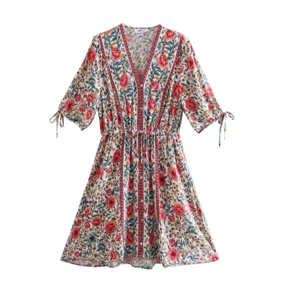 Bohemian Red Floral Button up Mini Dress - Picture 4 of 5